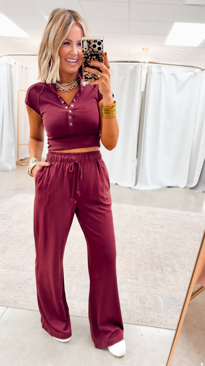 Evie Raglan Top & Pant Set-Wine