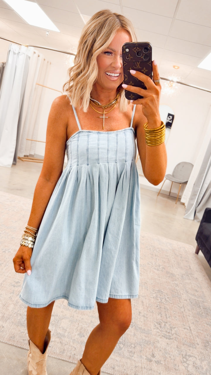 Teagan Pleated Mini Dress-Light Denim