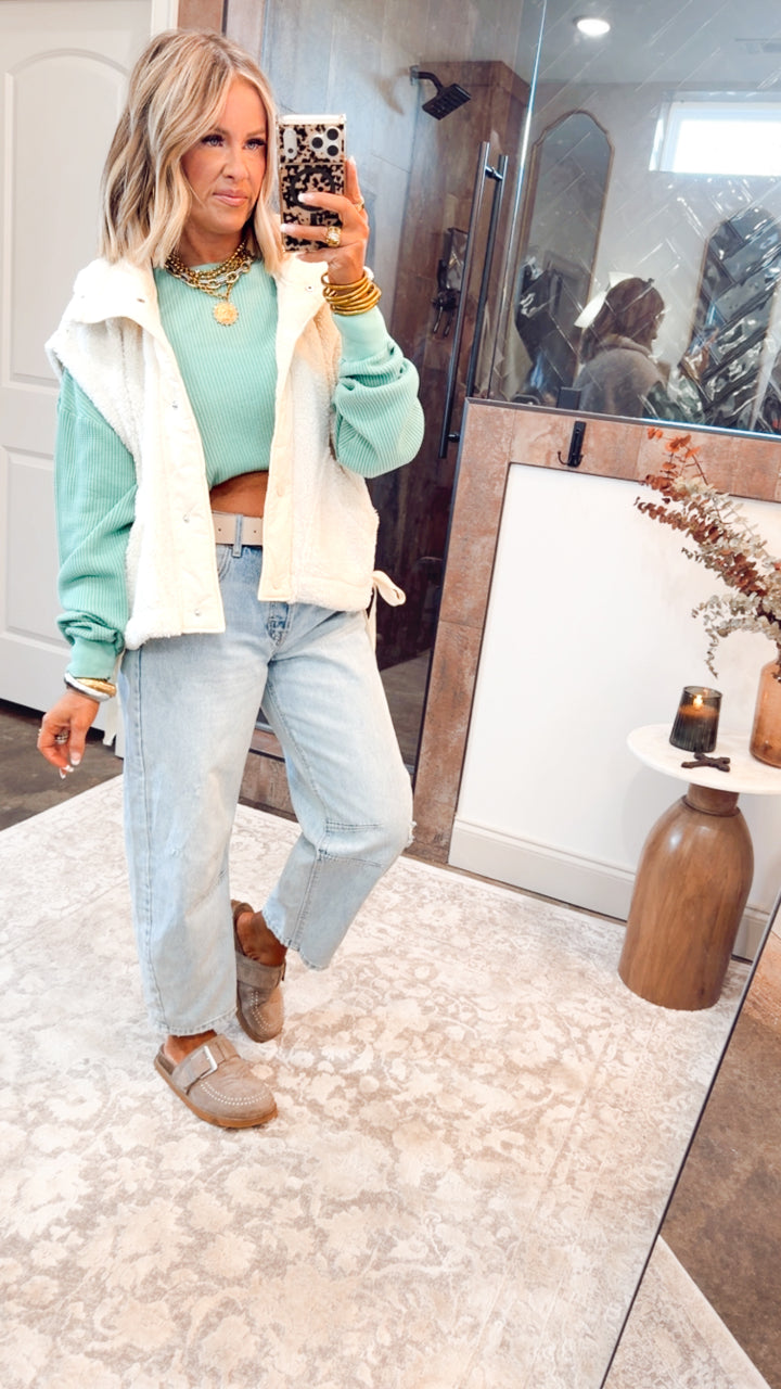 Mineral Washed Waffle Long Sleeve Top-Emerald