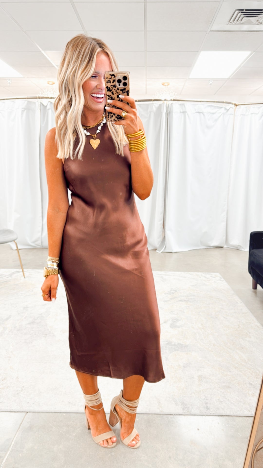 Satin Charm Midi Dress-Chestnut