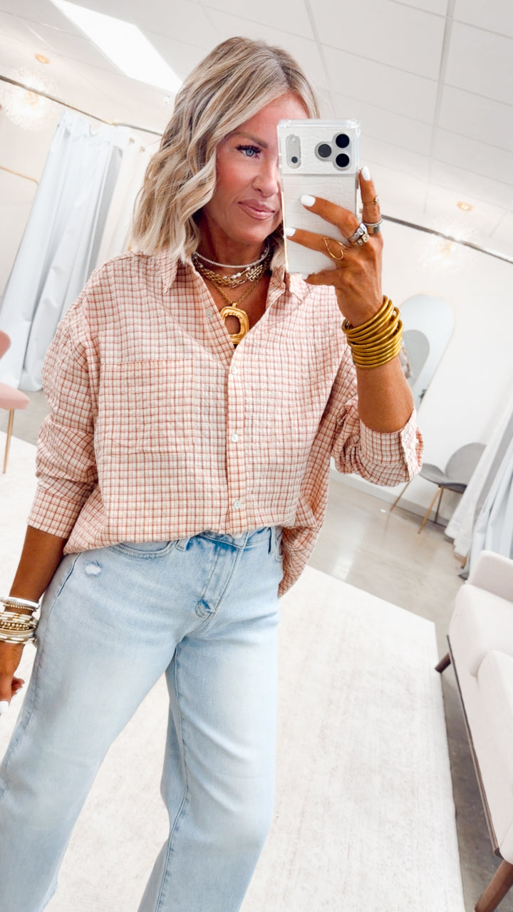 Pinstripe Plaid Oversized Shirt-Red