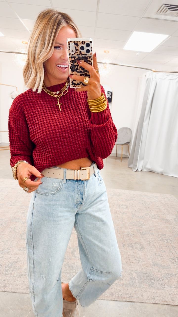 The Maren Hi-Low Waffle Knit- Cabernet