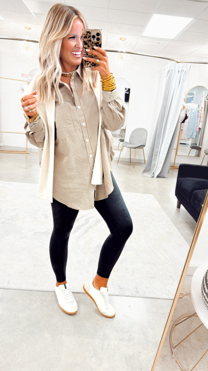 Evelyn Striped Top-Ash Olive