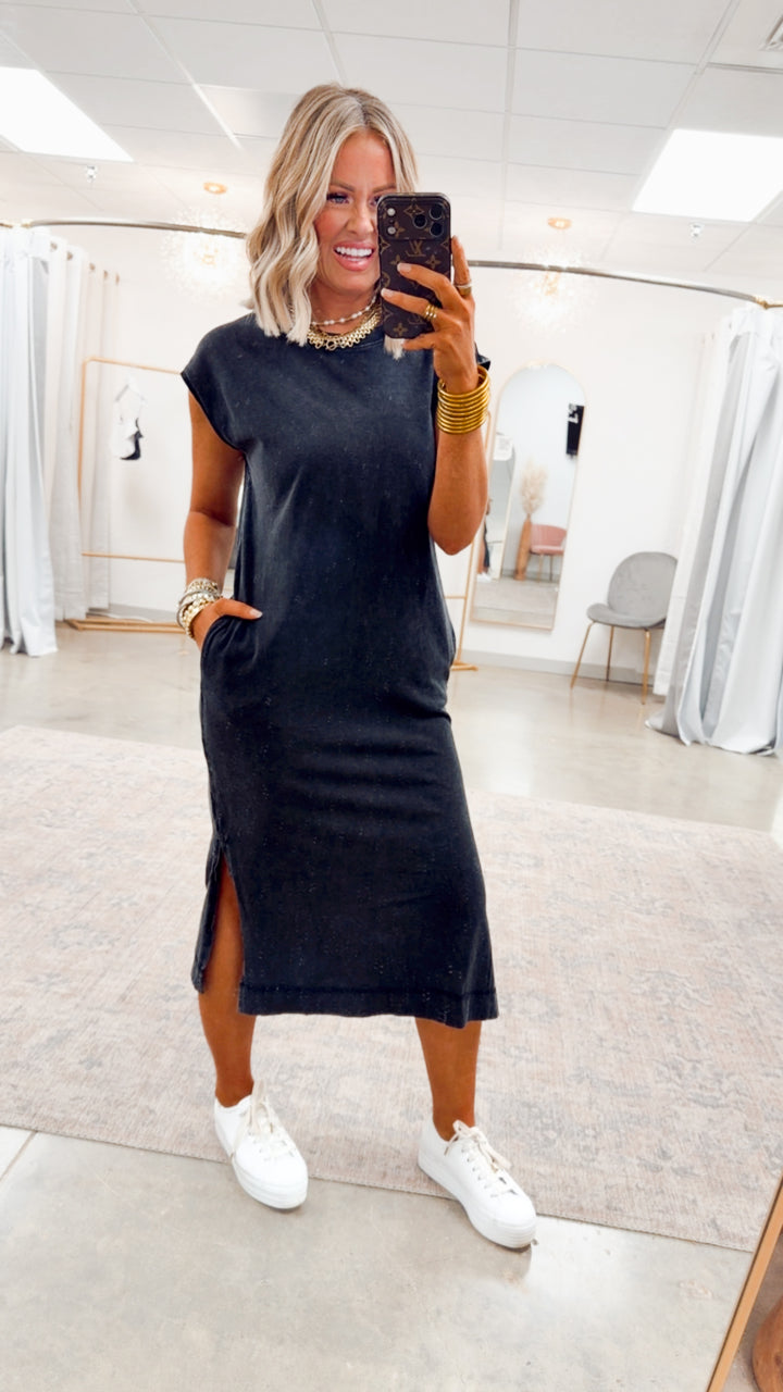 Mineral Washed Cap Sleeve Midi Dress-Black