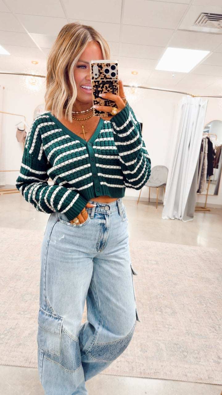 Harbor Striped Cardigan Top-Green/White