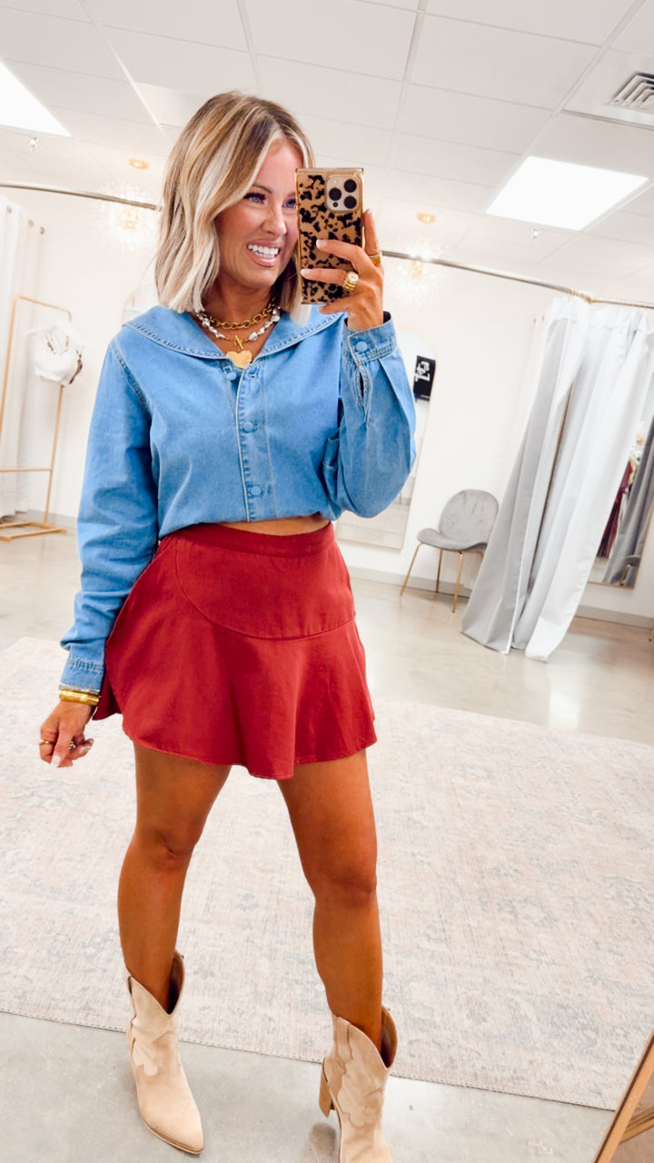 Ruffle Rush Skort-Maroon