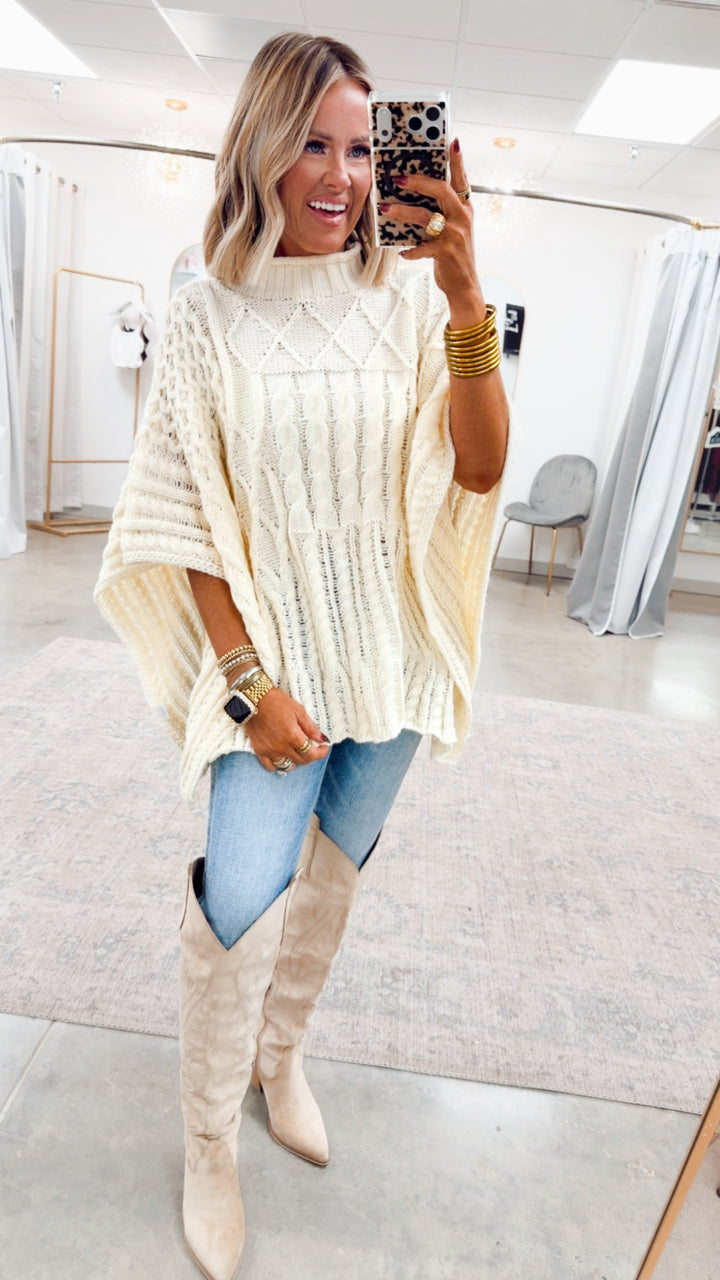 Everlyn Mock Neck Poncho Sweater-Cream
