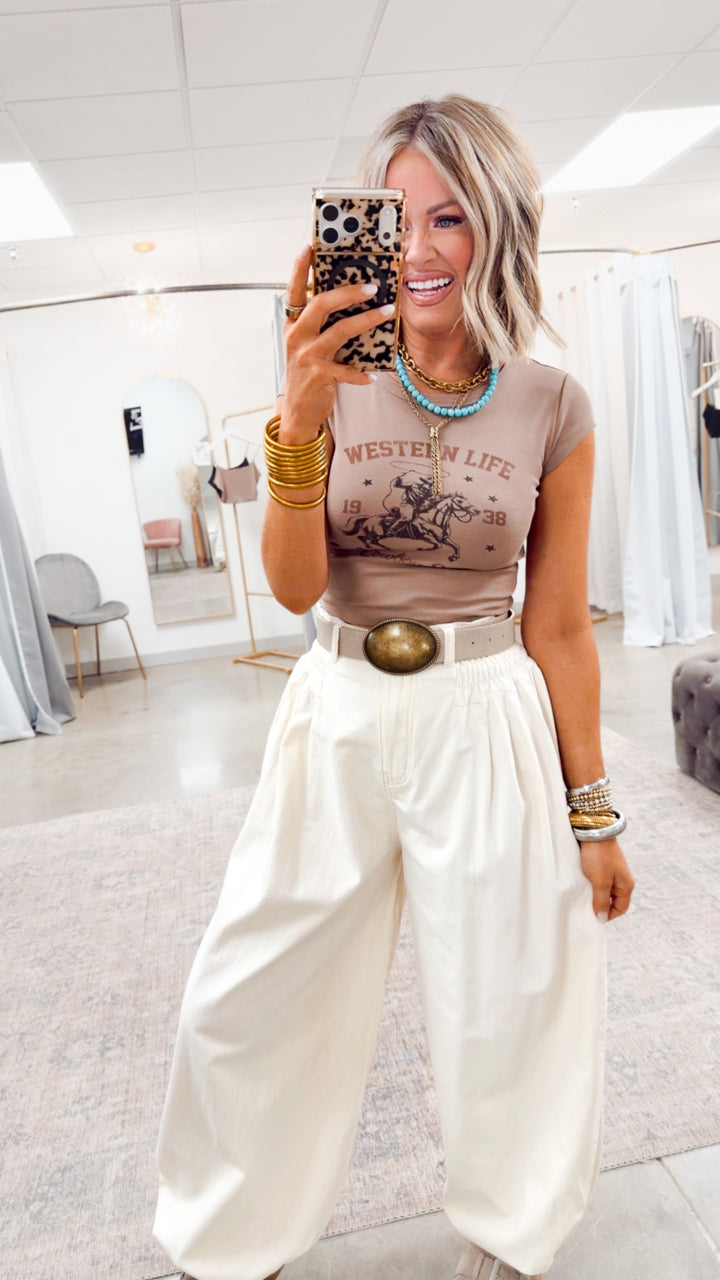 Western Life Graphic Crop Tee-Taupe