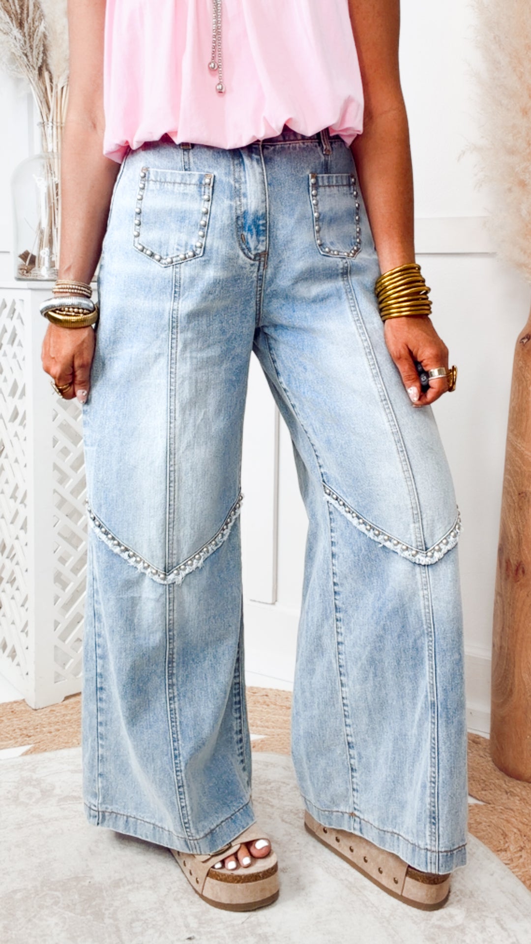 The Presley Stud Wide Leg Pants- Denim