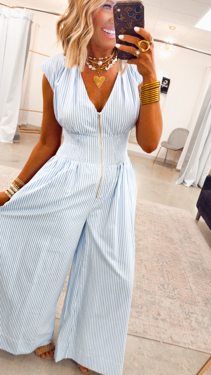 The Blue Bay Jumpsuit-Blue/White