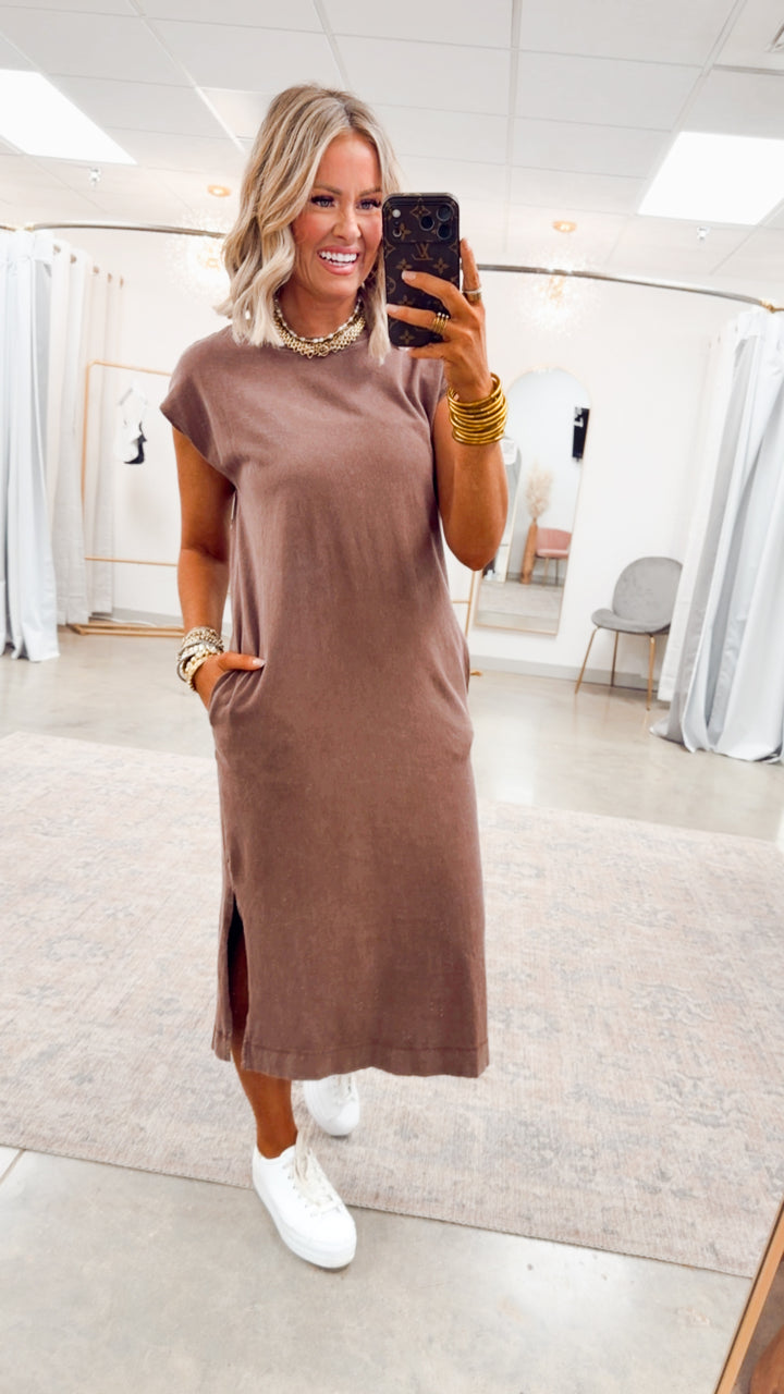 Mineral Washed Cap Sleeve Midi Dress-Chocolate