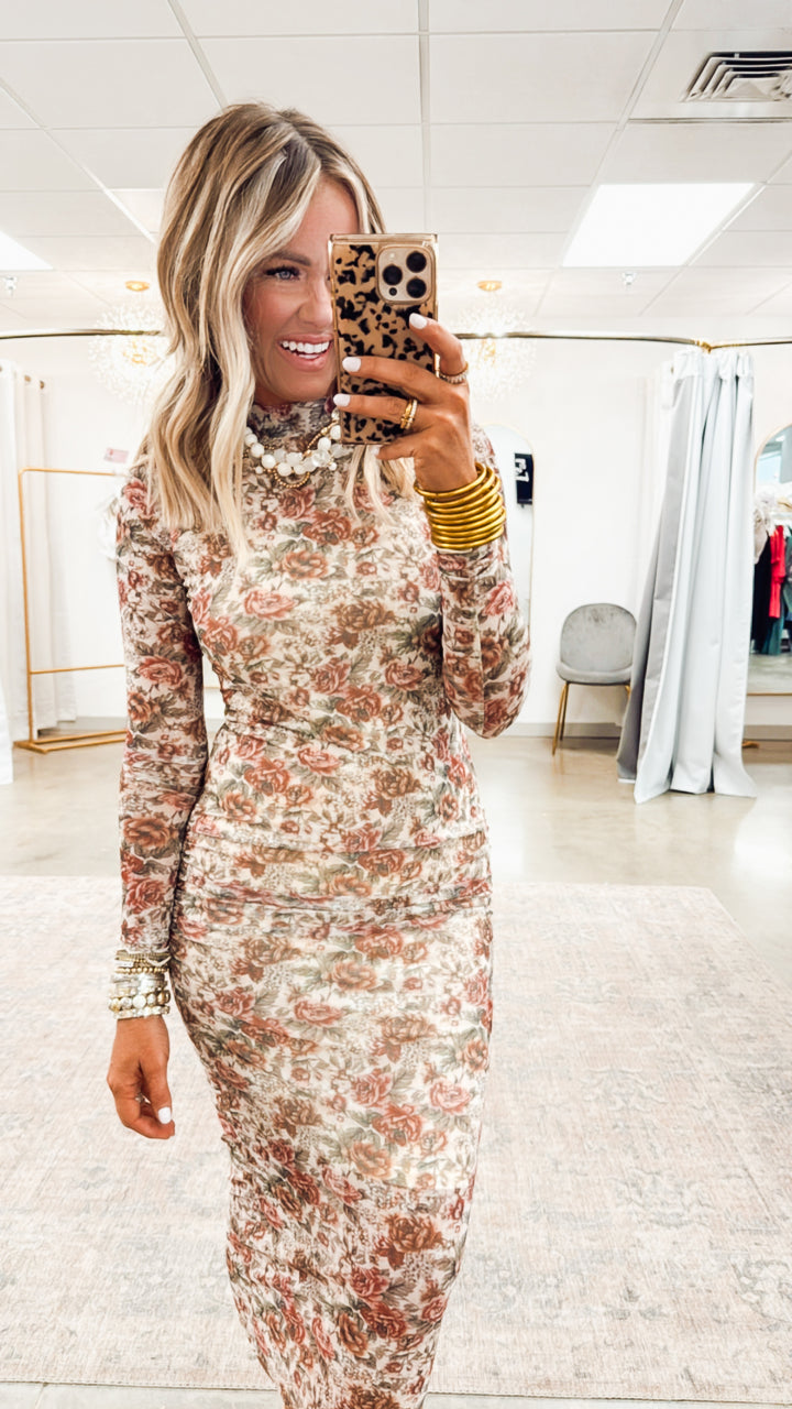 Autumn Floral Mesh Midi Dress