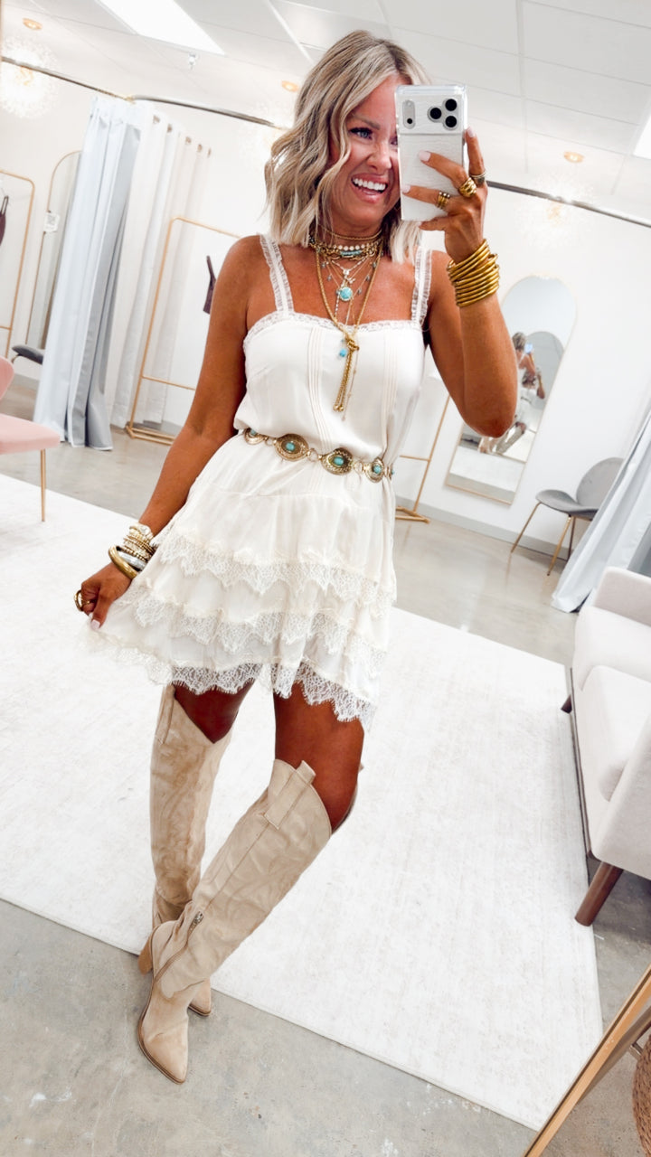 Scallop Lace Slip Mini Dress-Cream