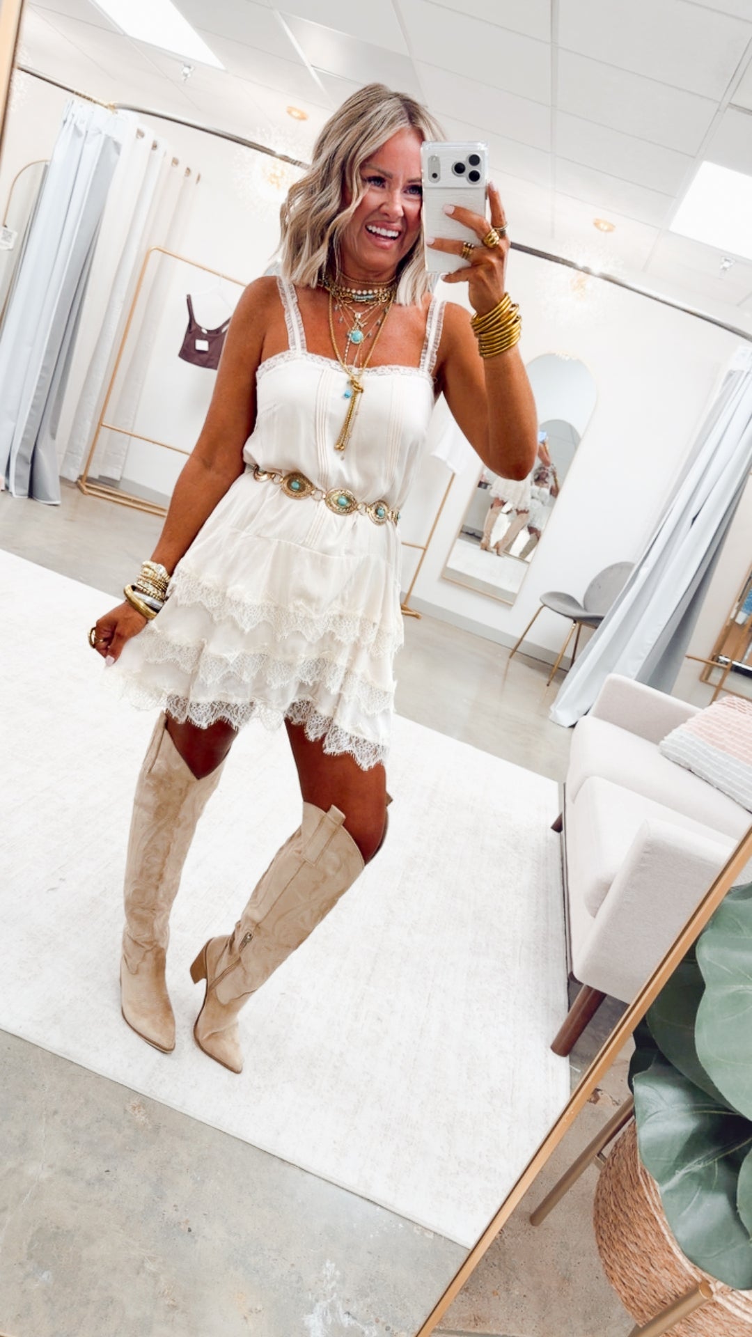 Scallop Lace Slip Mini Dress-Cream