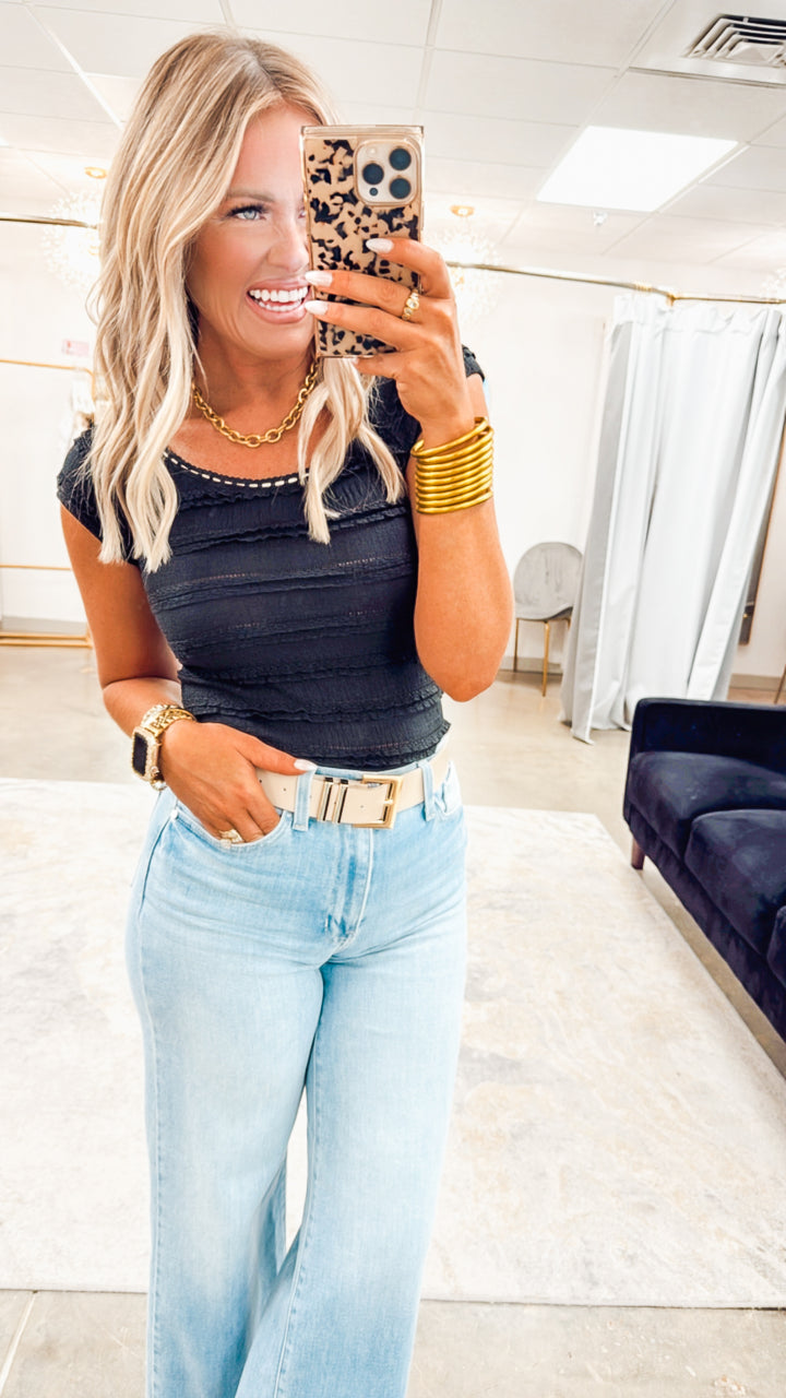 Ruffle Lace Trim Knit Crop Top- Black