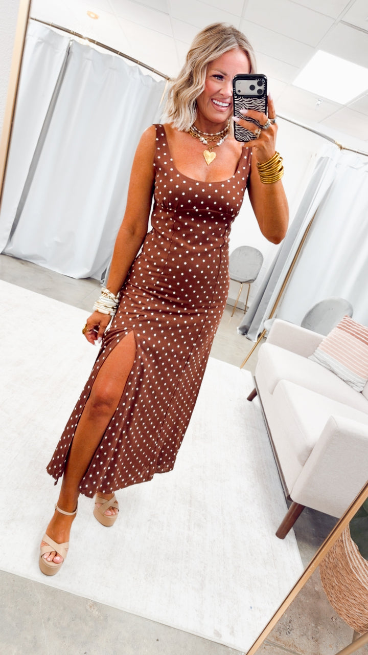 The Clara Polka Midi Dress-Chestnut
