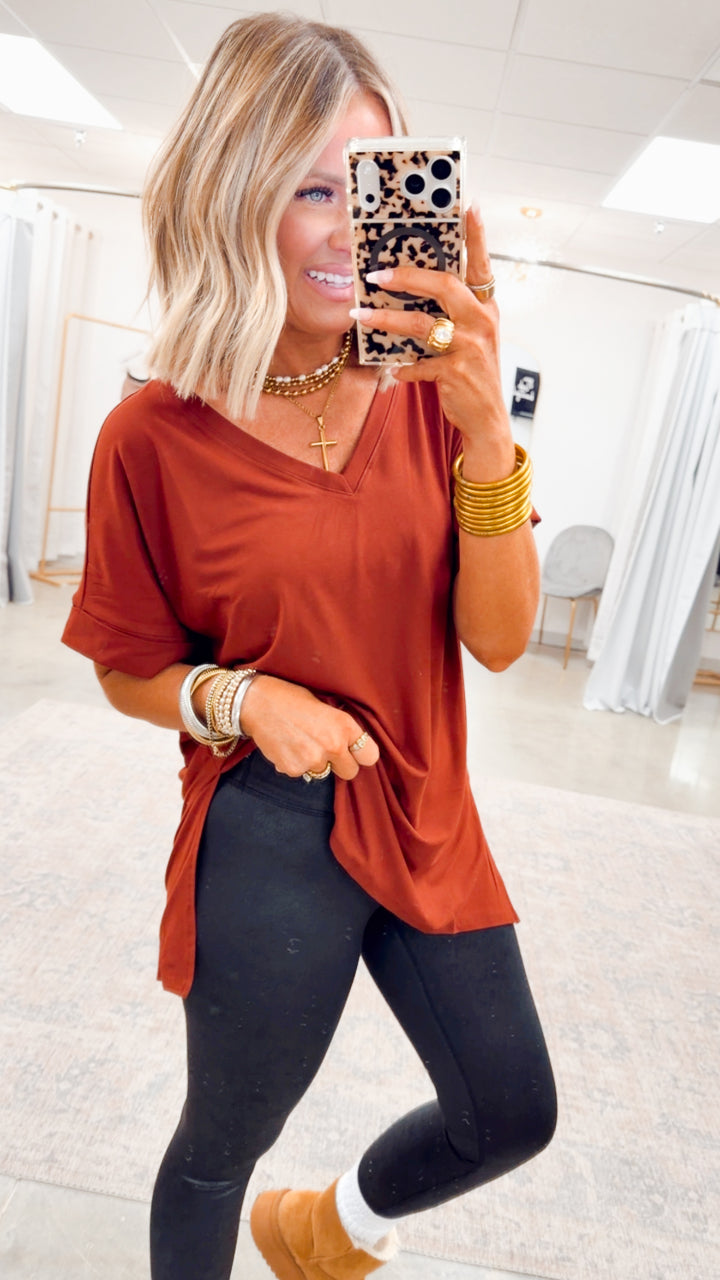 Rolled Short Sleeve V-Neck Top-Dark Rust