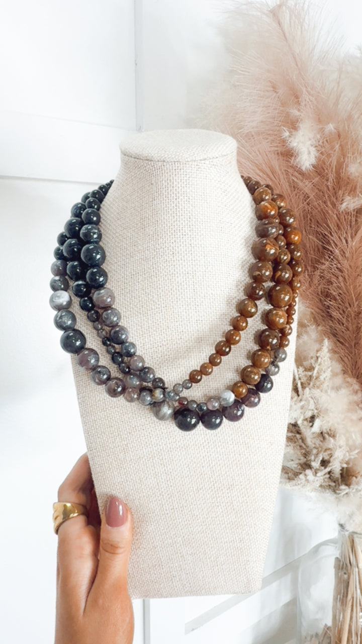Multi Strand Marbled Beaded Necklace-Brown