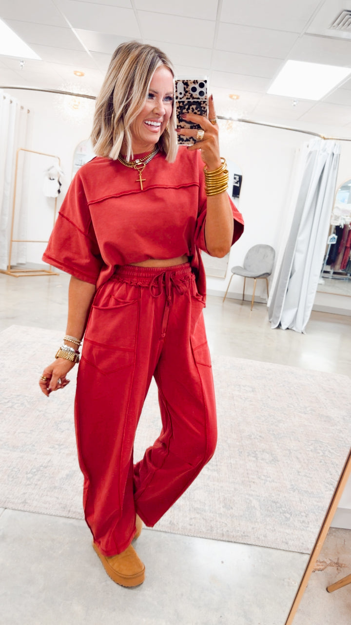 The Retreat Barrel Pants Set-Wine