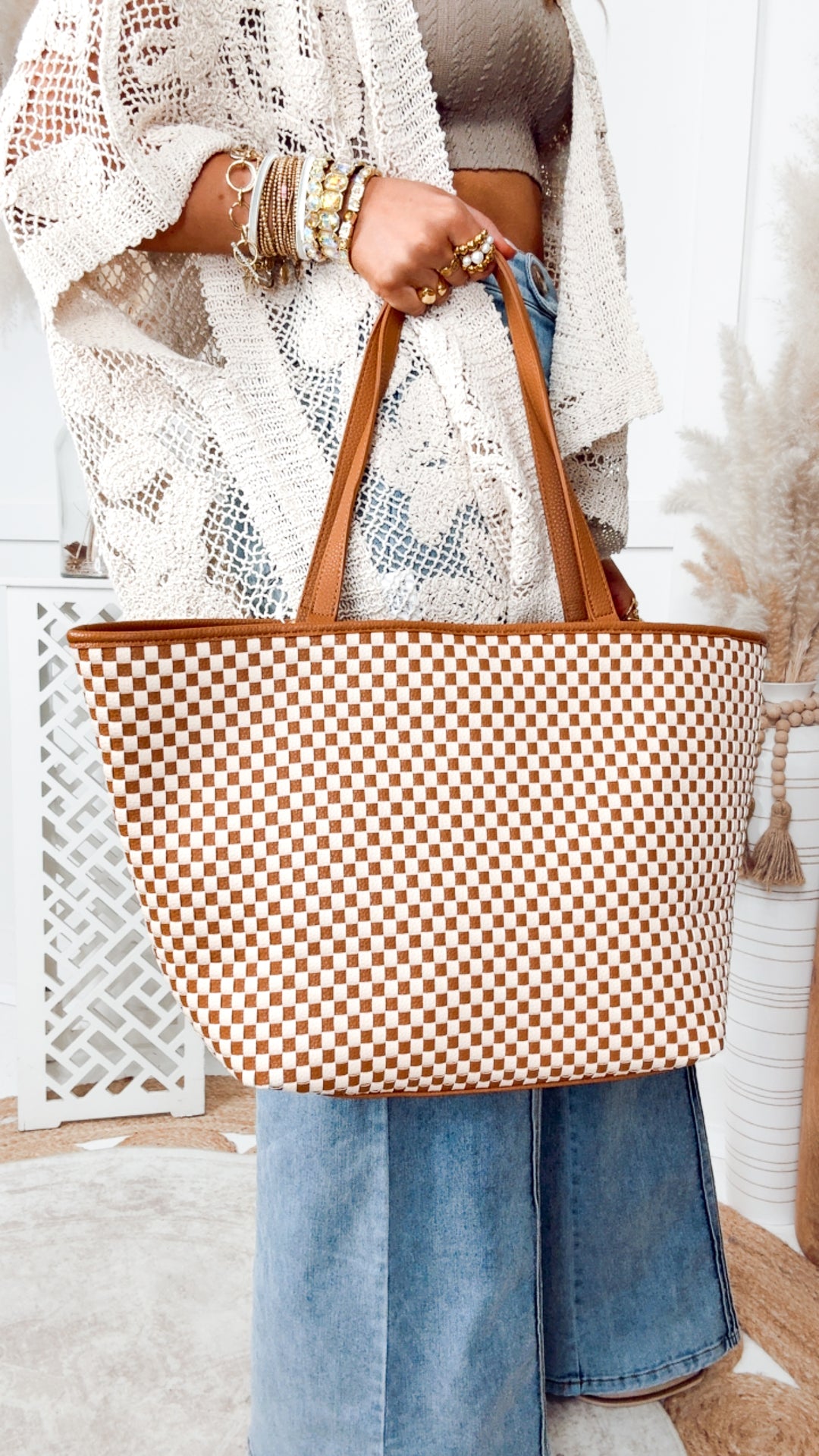 Woven Tiffany Organizer Tote Bag-Checkered Brown