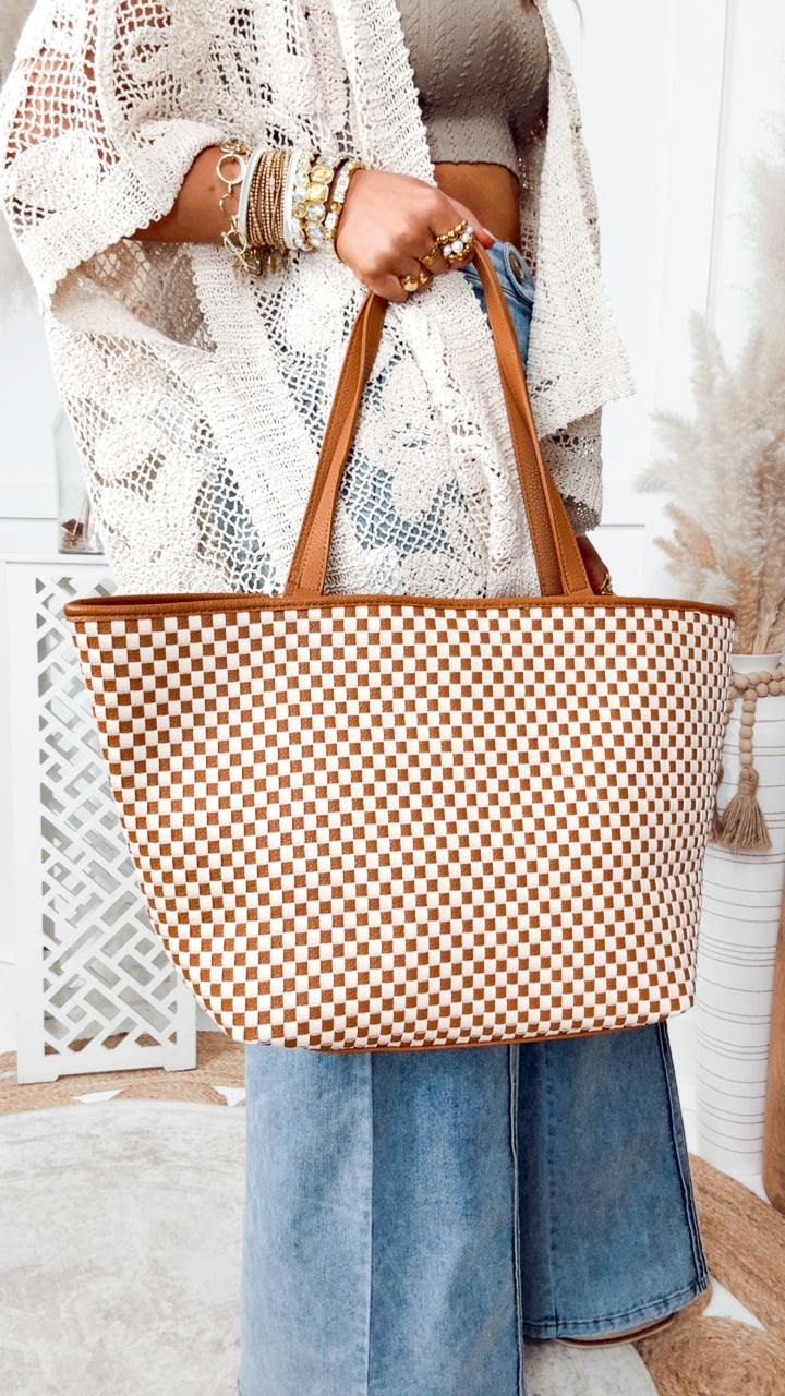 Woven Tiffany Organizer Tote Bag-Checkered Brown