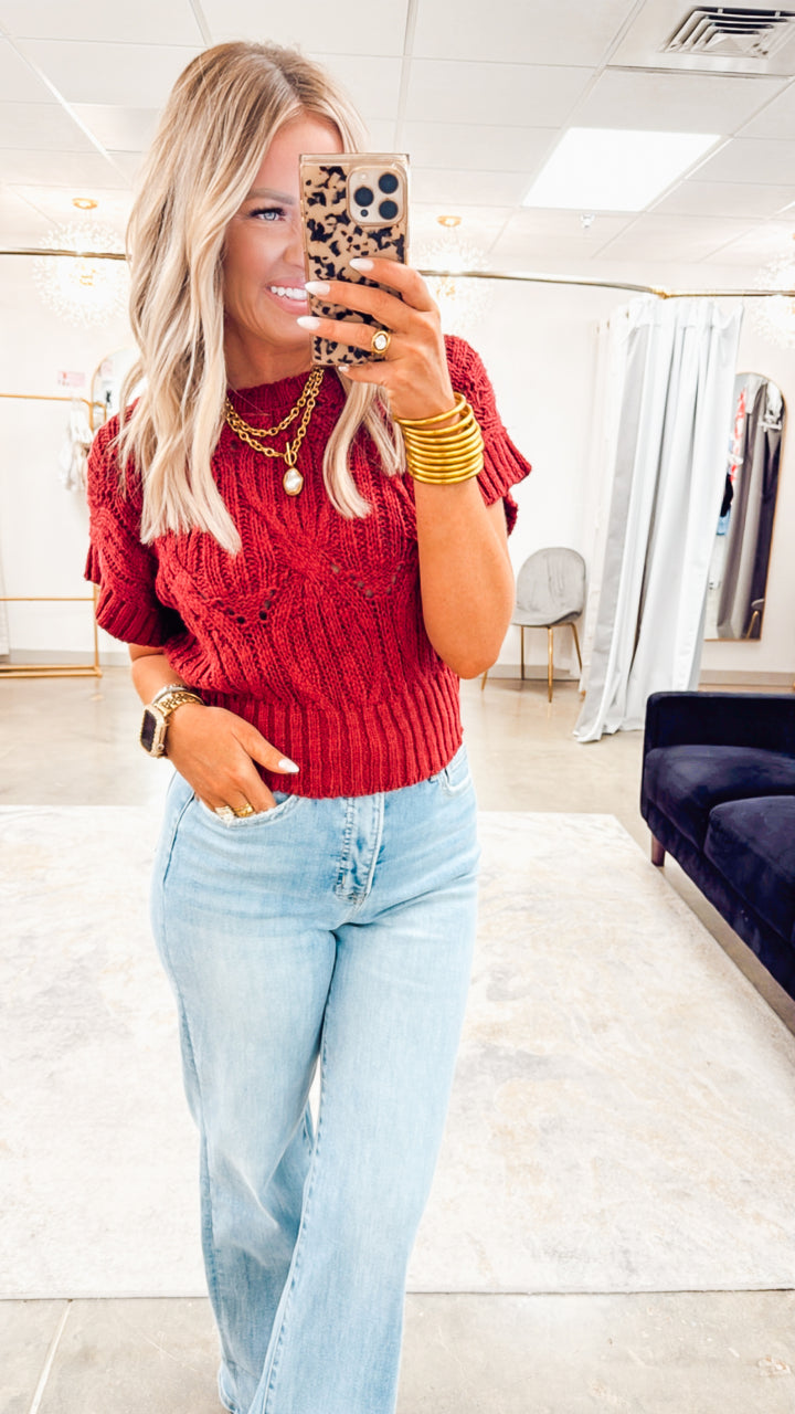 Cable Knit Sweater Top-Wine