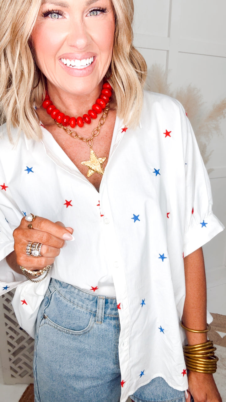 Embroidered Star Oversized Top-Red/White/Blue