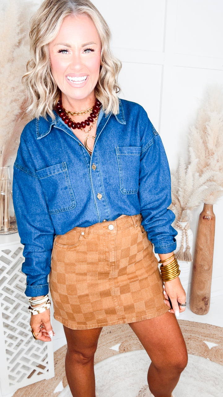 Spice It Up Checkered Denim Skirt-Tan