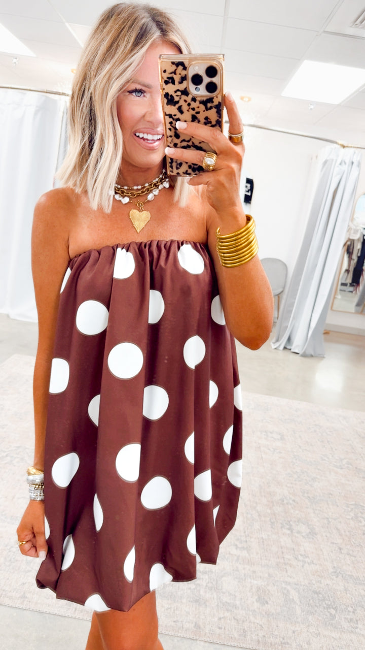 Darling Polka Dot Bubble Hem Dress-Brown/Ivory