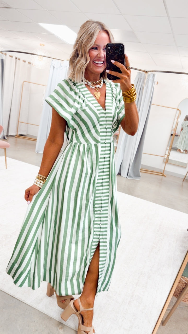 The Harbor Stripe Midi Dress-Green