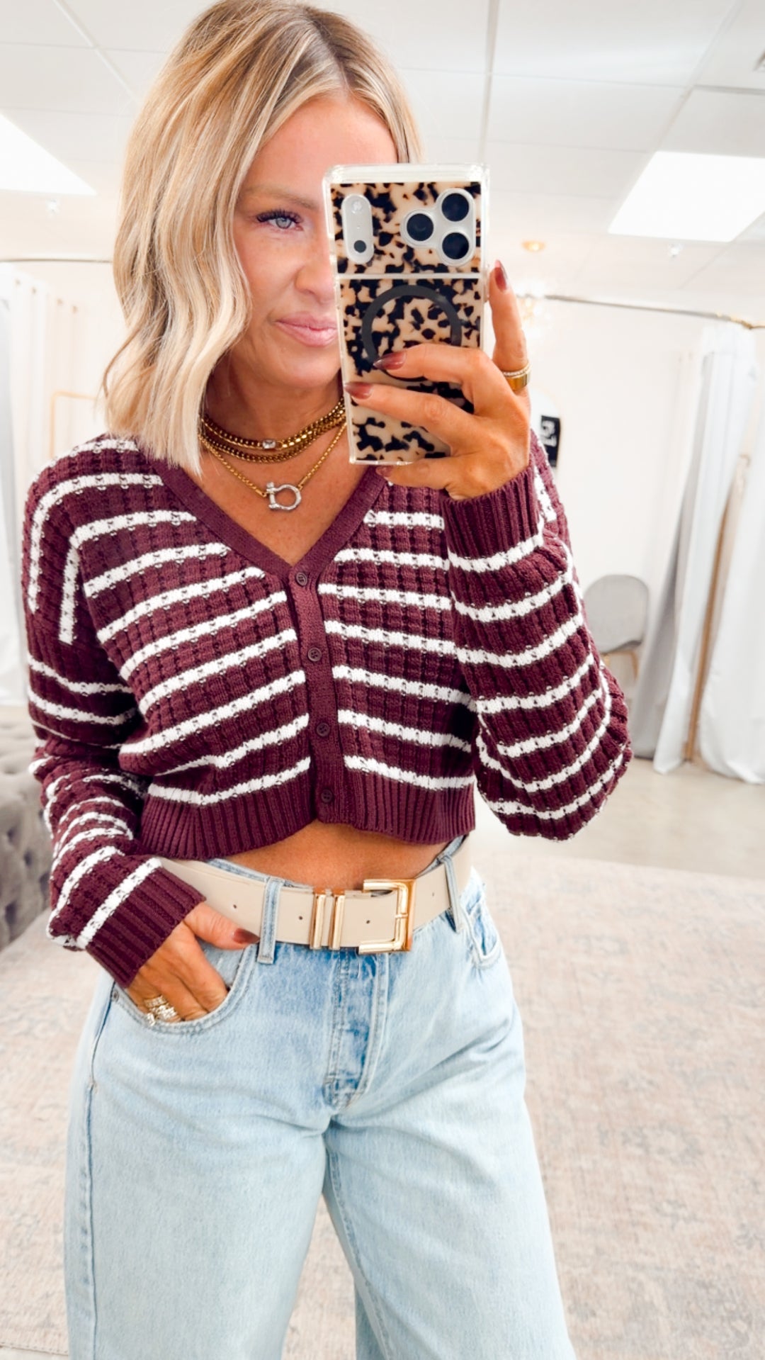 Harbor Striped Cardigan Top-Cherry/White
