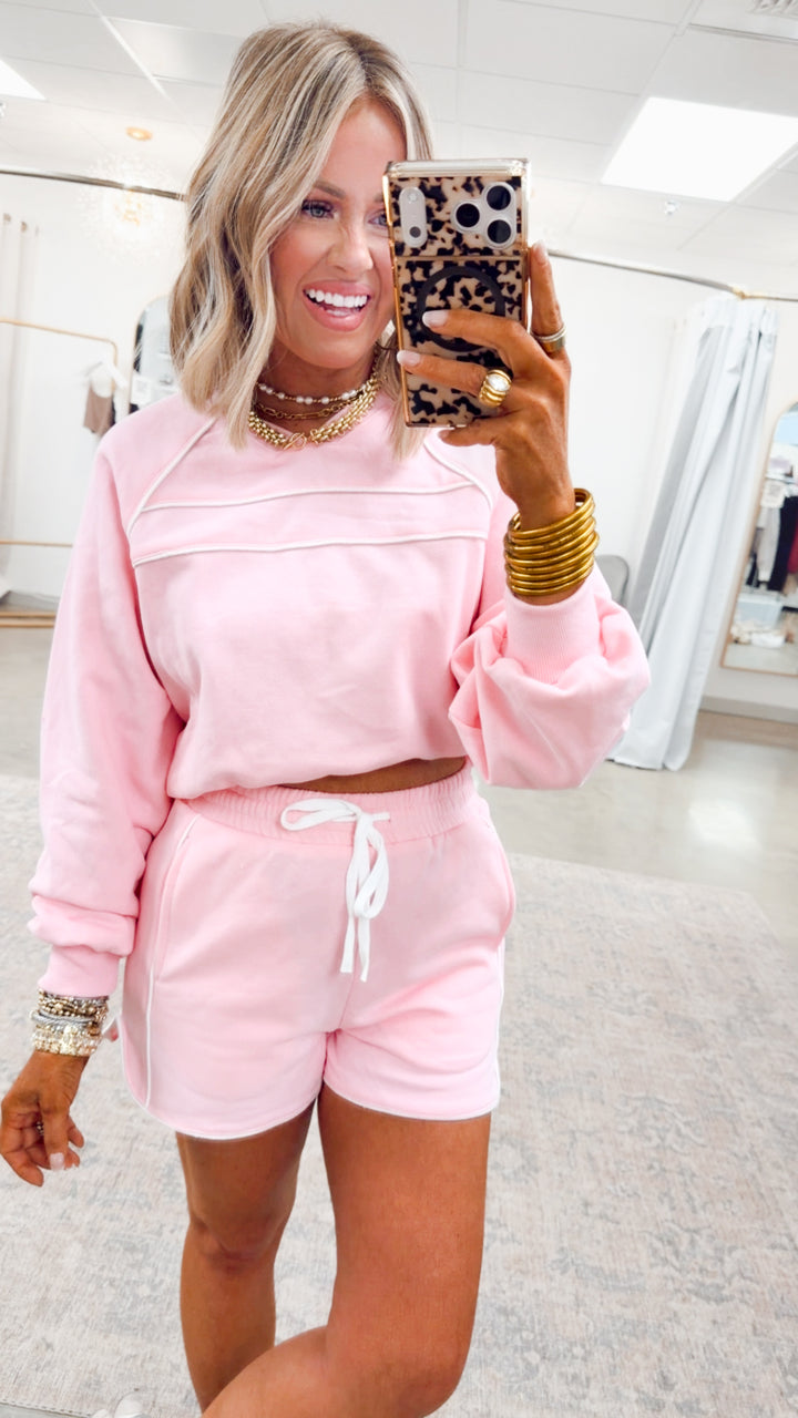 Lyla Piped Lounge Set-Pink/White