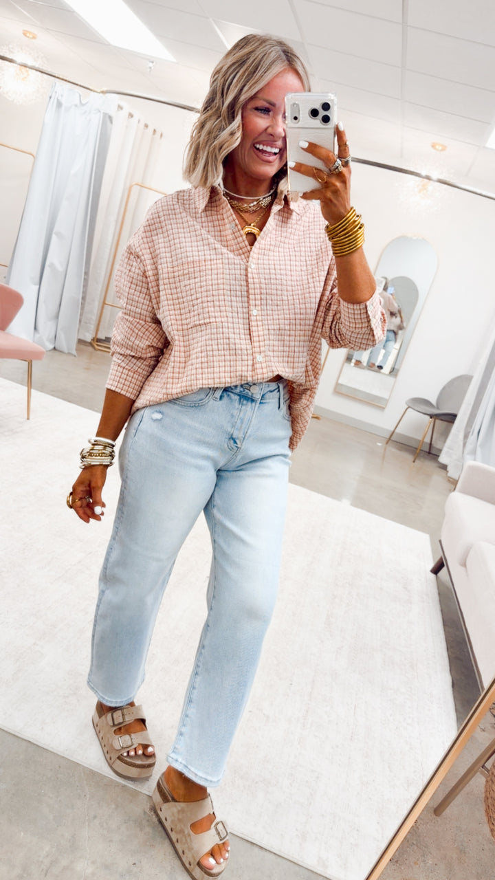 Pinstripe Plaid Oversized Shirt-Red