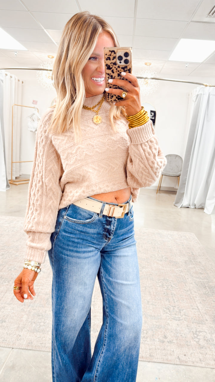 Brielle Cable Knit Cropped Sweater-Rose