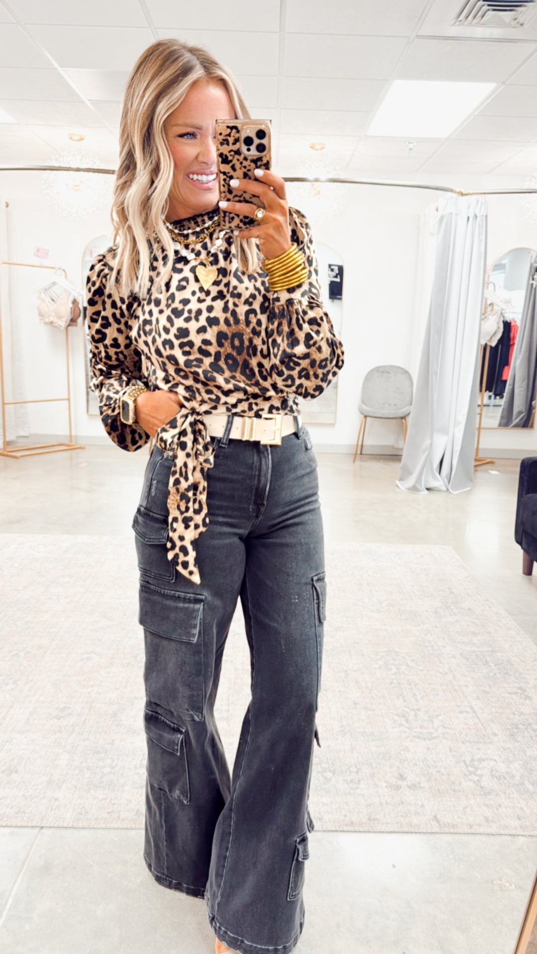 Leopard Print Smock Neck Blouse