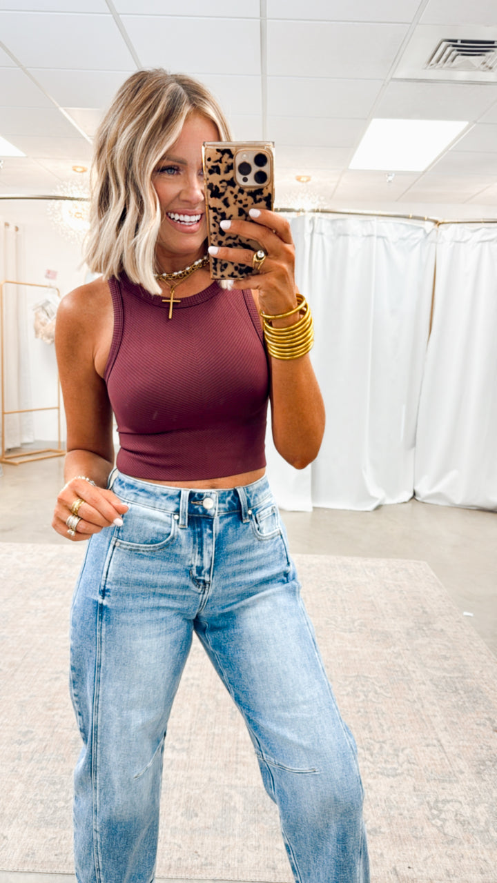 Basic Highneck Crop Top-Maroon