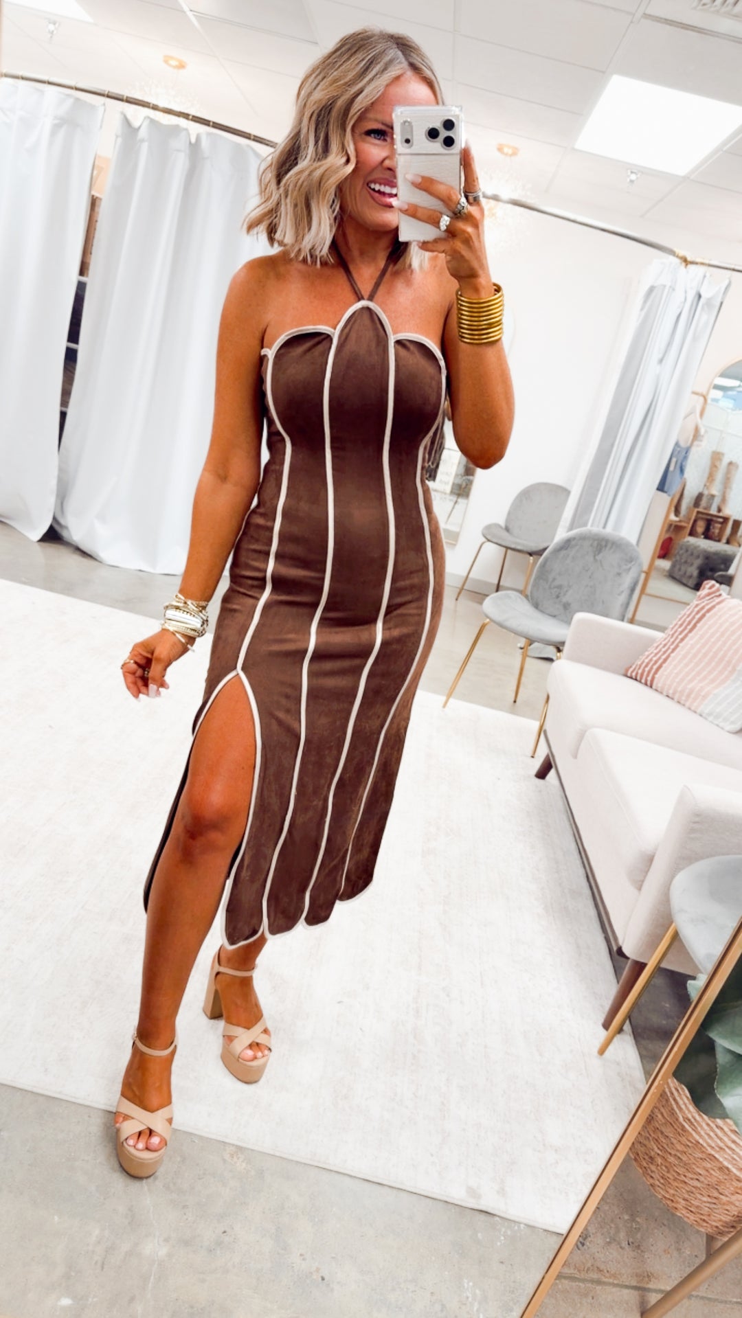 Scallop in Suede Dress-Brown/Taupe