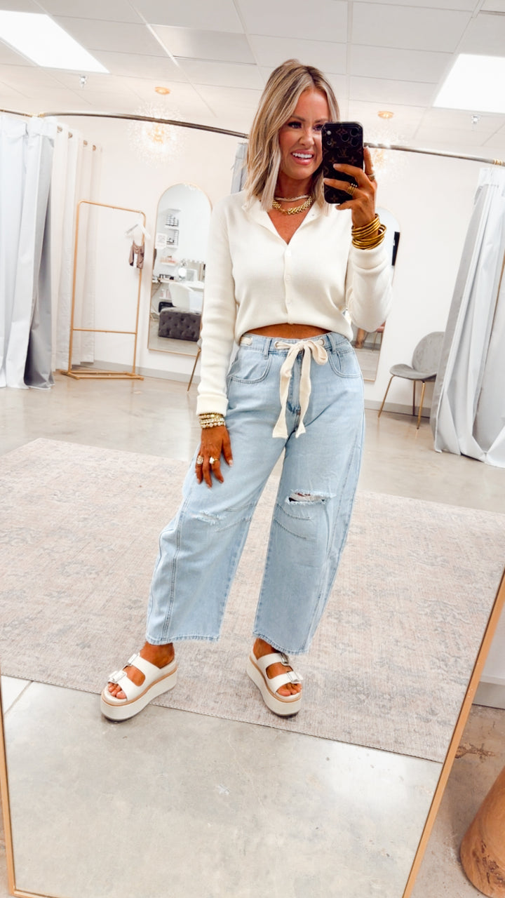 Emmie Eyelet Belted Barrel Jeans