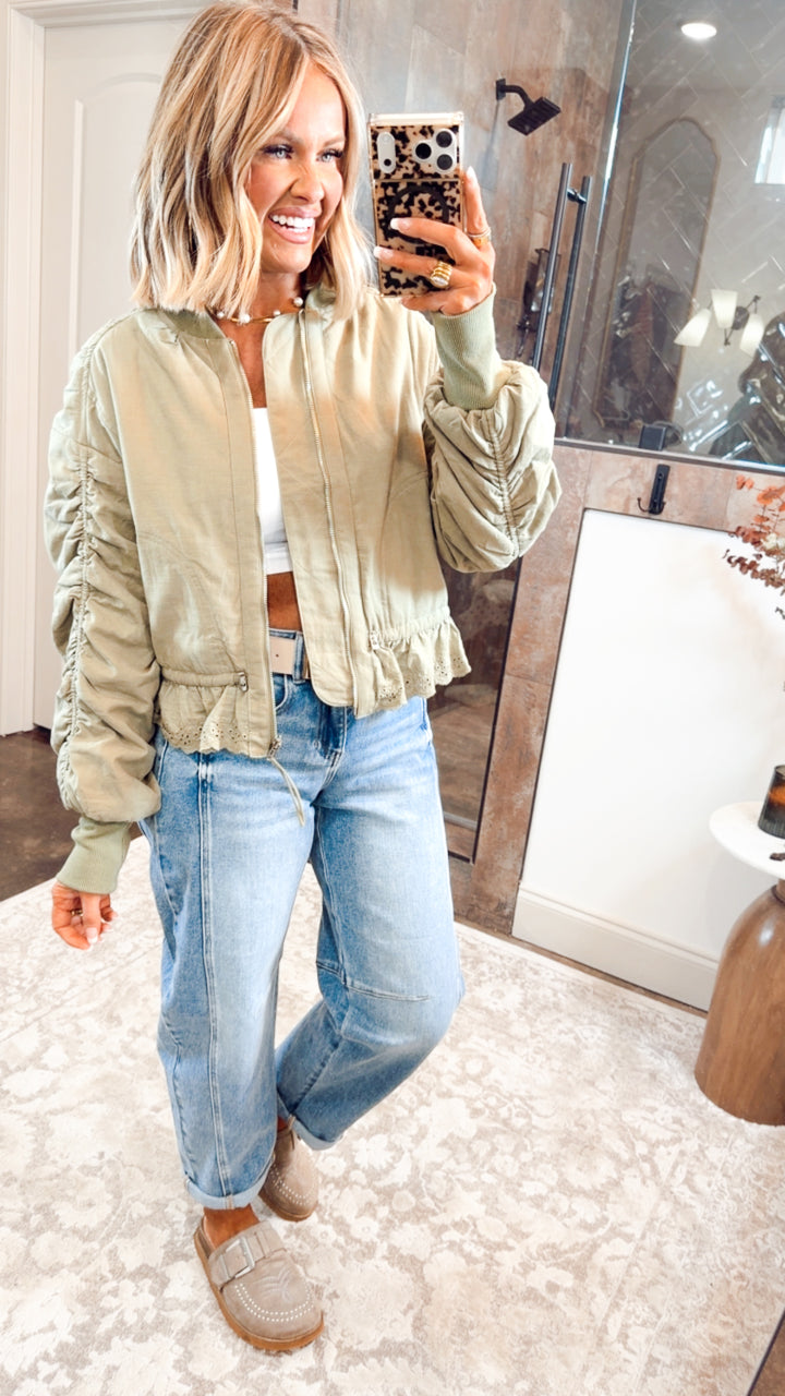 Ruched Sleeve Bomber Jacket-Light Olive