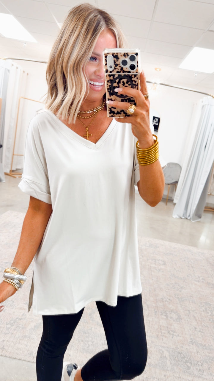 Rolled Short Sleeve V-Neck Top-Bone