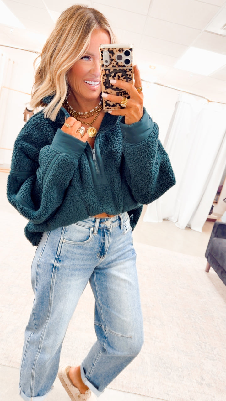 Sherpa Mock Neck Quarter Zip Jacket-Dk Green