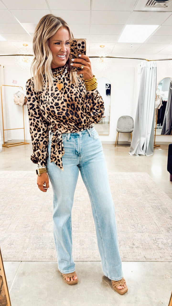 Leopard Print Smock Neck Blouse