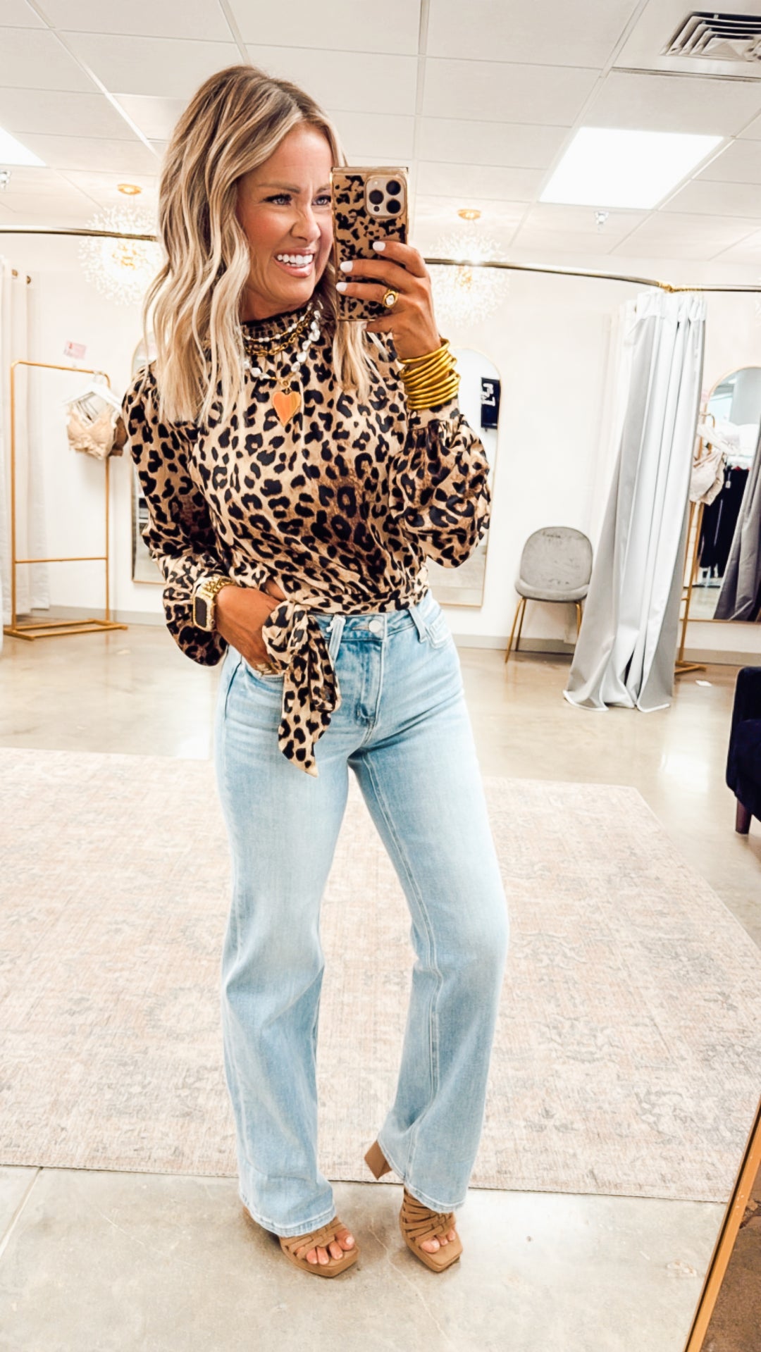 Leopard Print Smock Neck Blouse
