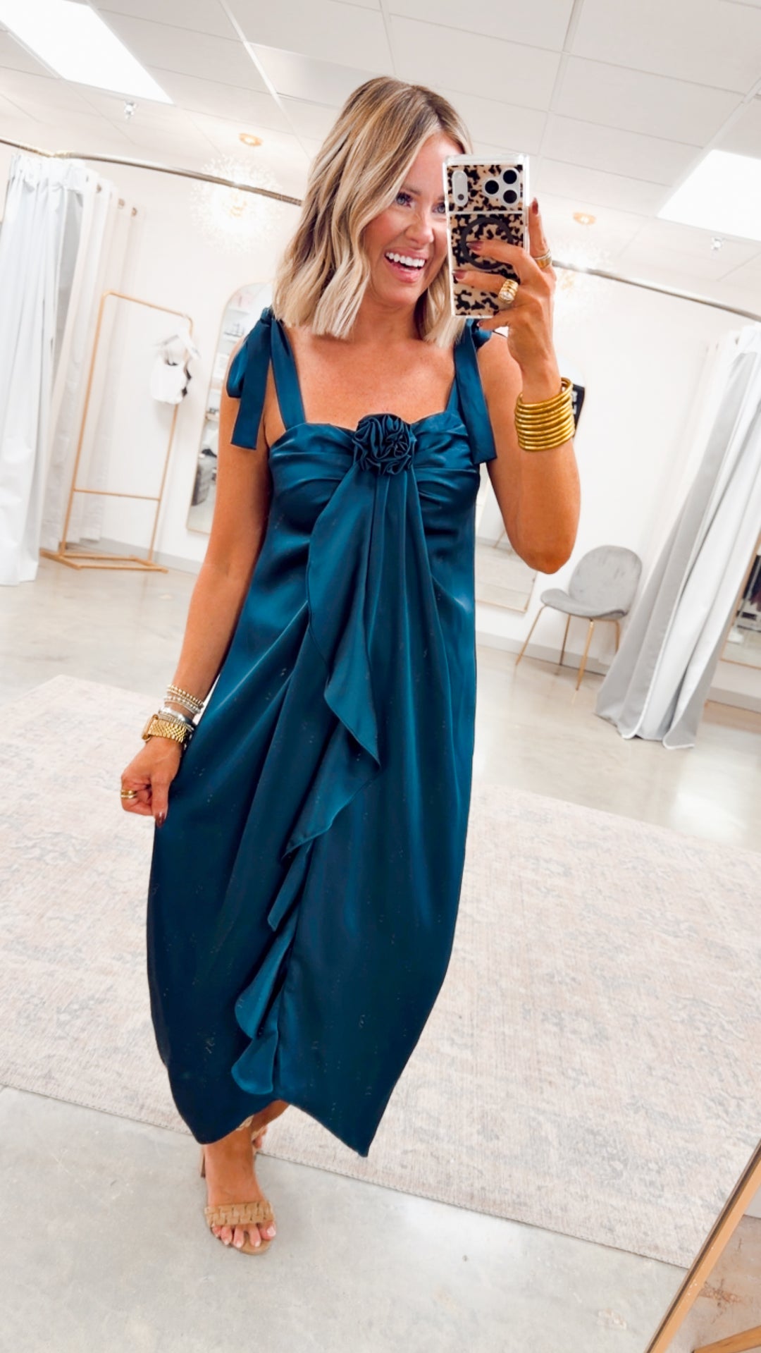 Amara Cascading Ruffle Dress-Teal Green