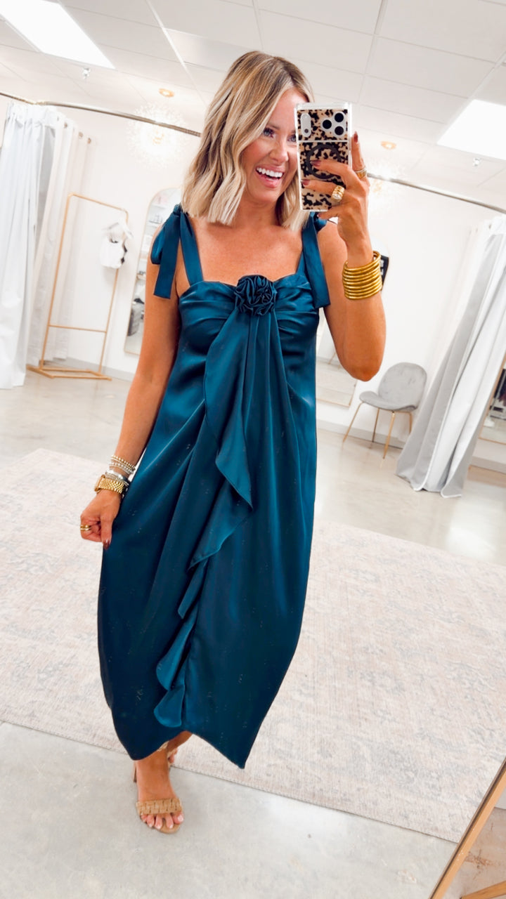 Amara Cascading Ruffle Dress-Teal Green