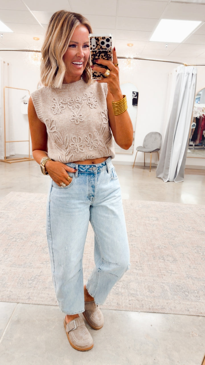 Floral Embroidery Sweater Vest-Mocha