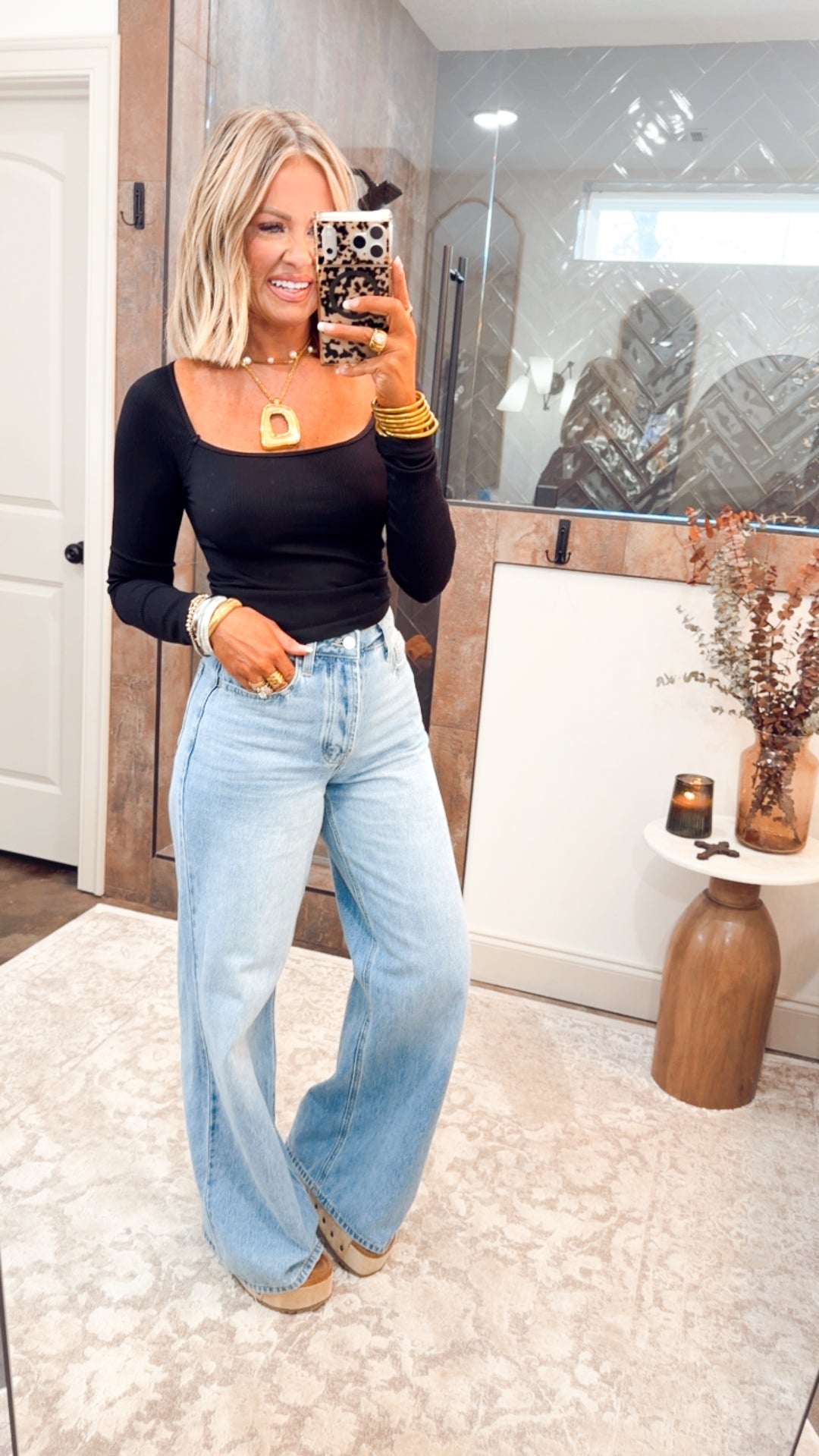 Black Ribbed Long Sleeve Square Neck Top