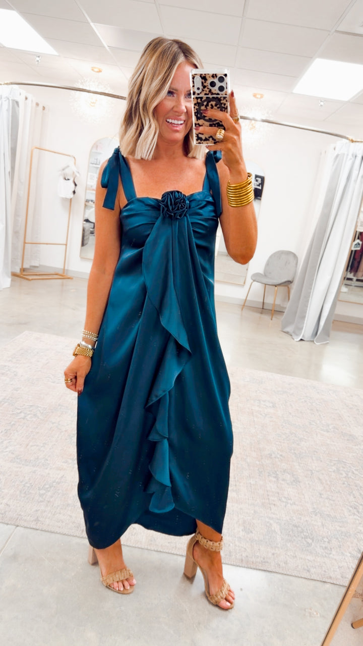 Amara Cascading Ruffle Dress-Teal Green