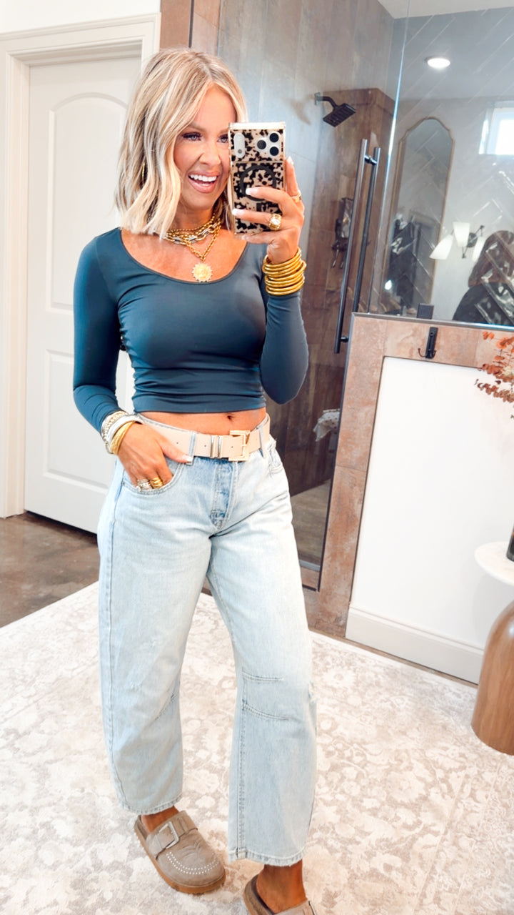 Basic Long Sleeve Scoop Neck Top-Forest Night