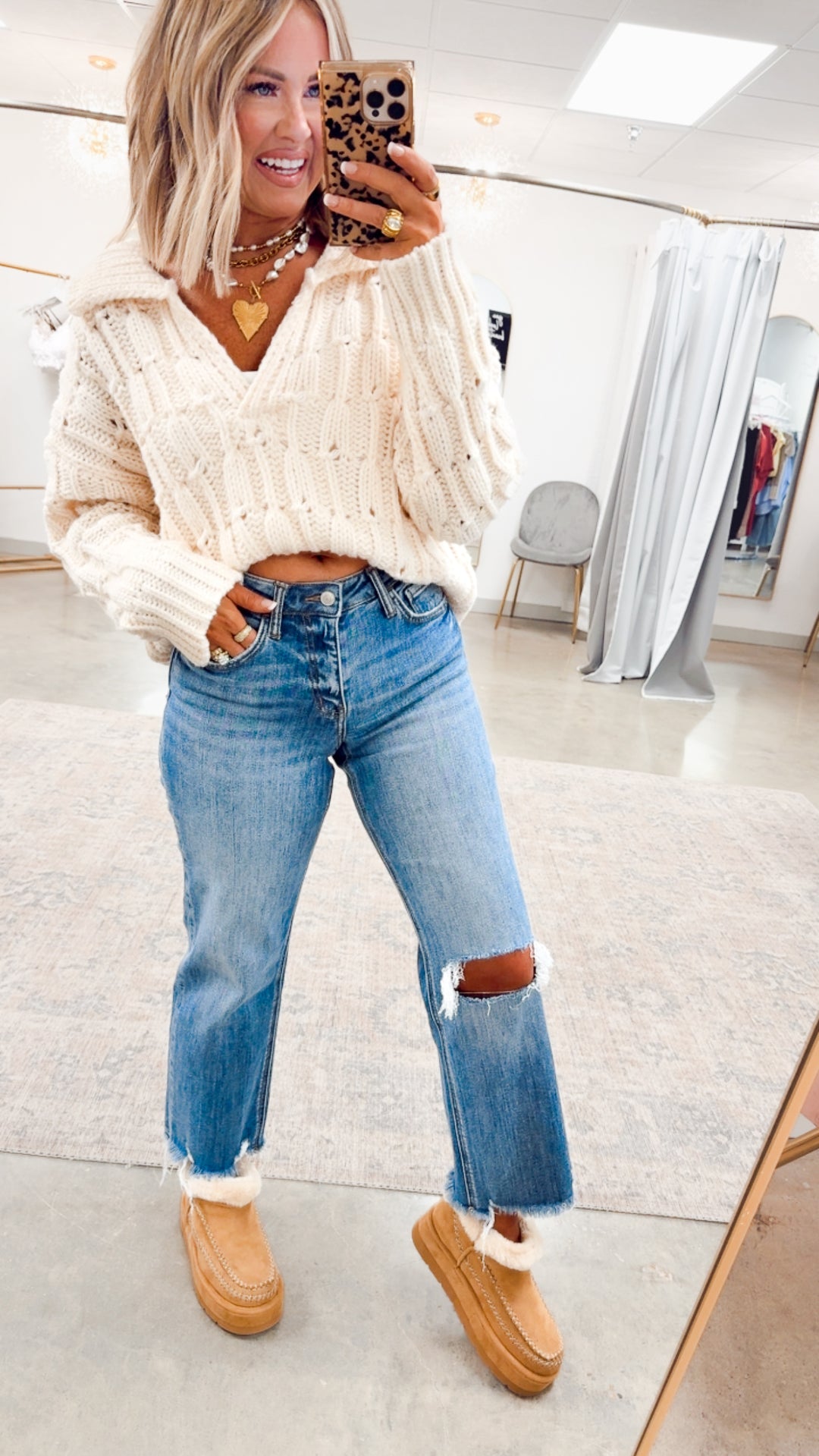 Cozy Collared Sweater Top-Cream